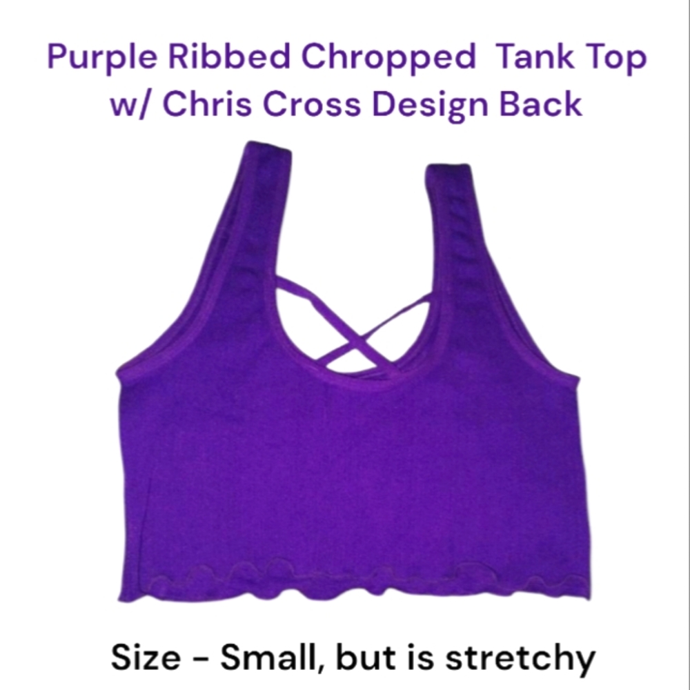 Purple Ribbed Cropped Tank Top With Criss Cross Design On Back.